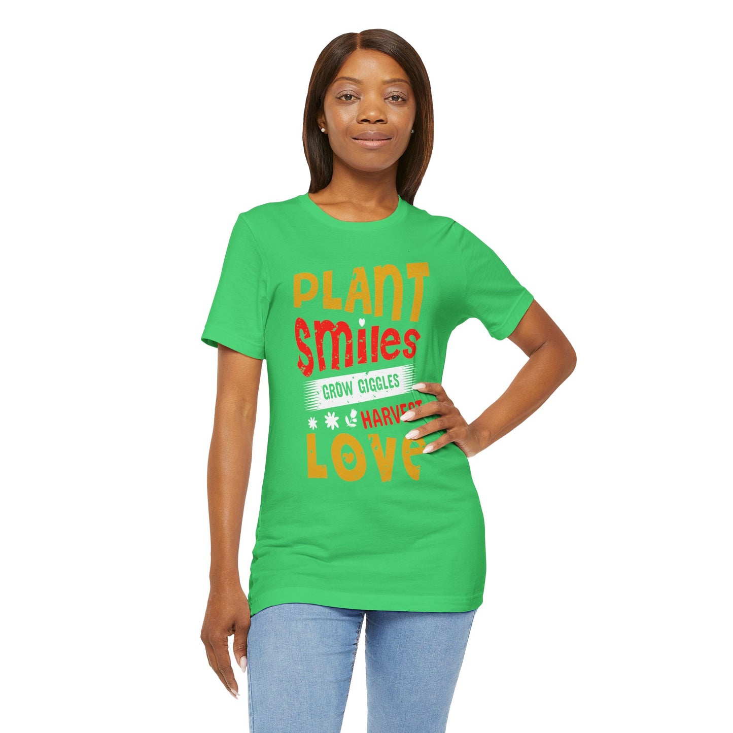Plant Smiles, Grow Giggles, Harvest Love Tee – Wholesome Farmcore Graphic Shirt for Women| Unisex Jersey Short Sleeve Tee