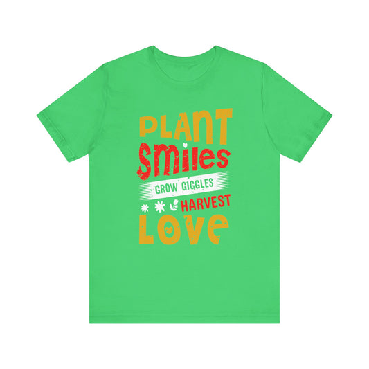 Plant Smiles, Grow Giggles, Harvest Love Tee – Wholesome Farmcore Graphic Shirt for Women| Unisex Jersey Short Sleeve Tee